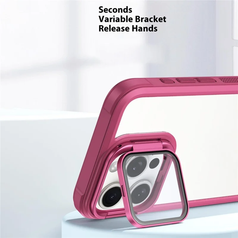 For iPhone 15 Pro Max Clear Phone Case with Lens Cover Kickstand PC+TPU Back Cover - Orange