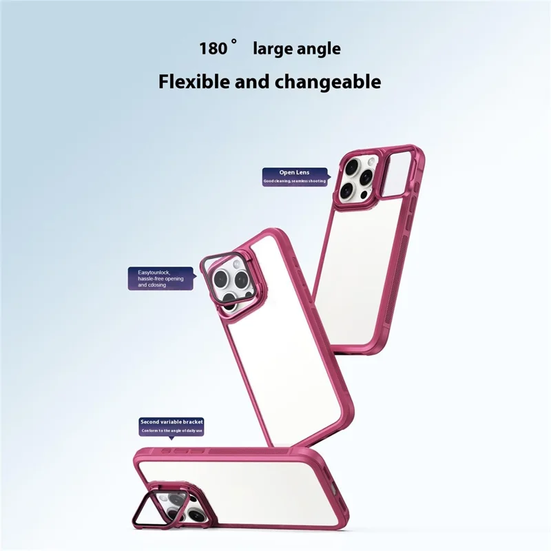 For iPhone 15 Pro Max Clear Phone Case with Lens Cover Kickstand PC+TPU Back Cover - Orange