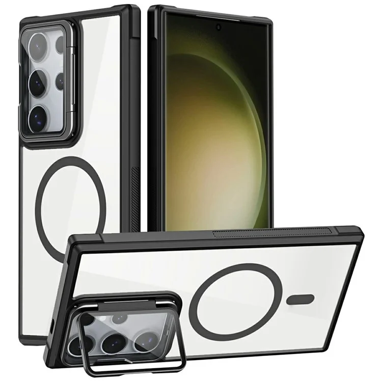 For Samsung Galaxy S23 Ultra Clear Phone Case Compatible with MagSafe Back Cover with Lens Cover Kickstand - Black
