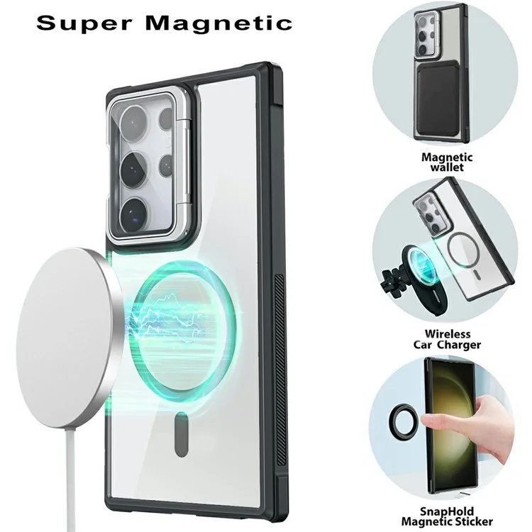 For Samsung Galaxy S23 Ultra Clear Phone Case Compatible with MagSafe Back Cover with Lens Cover Kickstand - Black