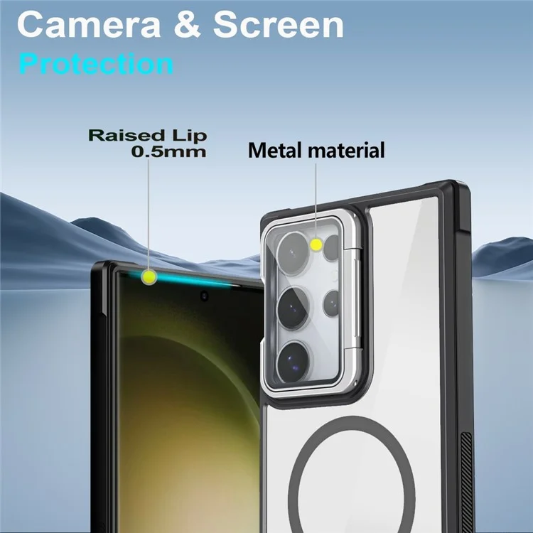 For Samsung Galaxy S23 Ultra Clear Phone Case Compatible with MagSafe Back Cover with Lens Cover Kickstand - Black