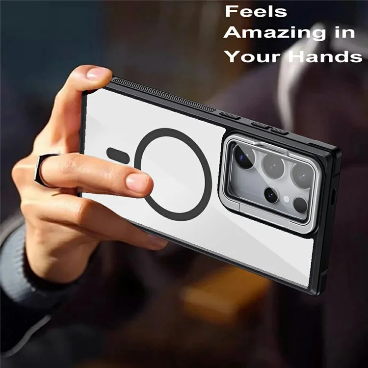 For Samsung Galaxy S23 Ultra Clear Phone Case Compatible with MagSafe Back Cover with Lens Cover Kickstand - Black