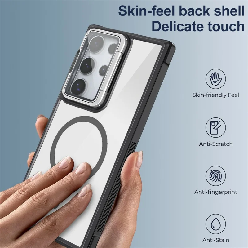For Samsung Galaxy S24 Ultra Clear Phone Case Compatible with MagSafe Back Cover with Lens Cover Kickstand - Black