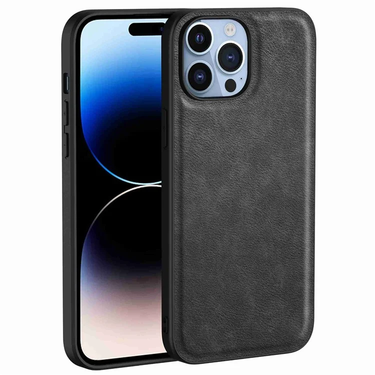 Per iPhone 14 Pro Retro PU Leather Coated TPU+PC Phone Cover Impact Resistant Back Protective Case - Black