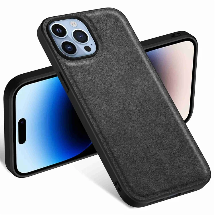 Per iPhone 14 Pro Retro PU Leather Coated TPU+PC Phone Cover Impact Resistant Back Protective Case - Black