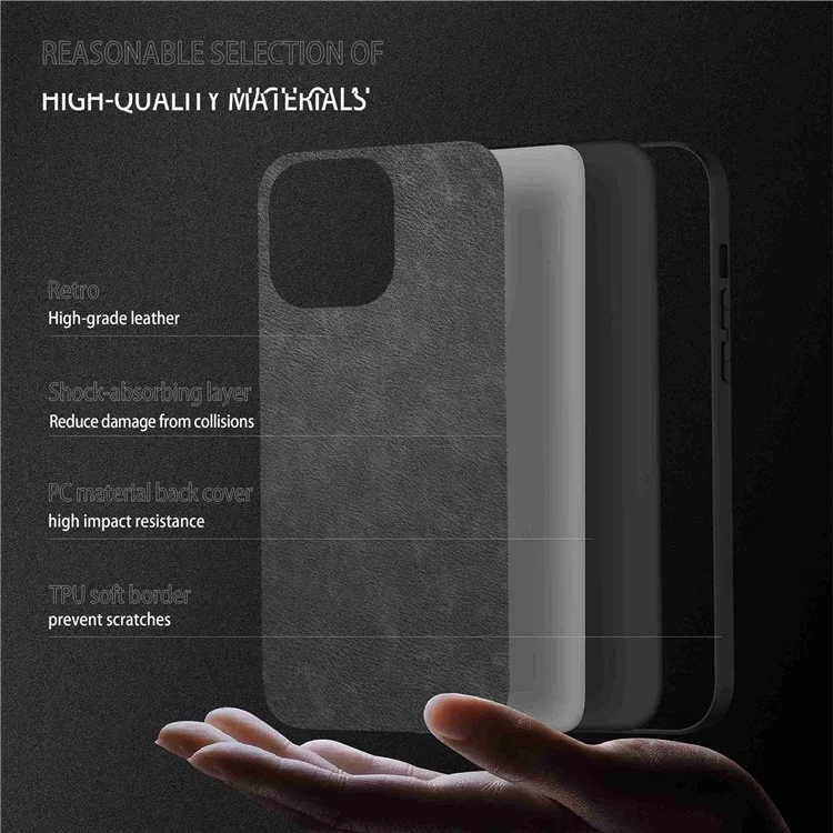 Per iPhone 14 Pro Retro PU Leather Coated TPU+PC Phone Cover Impact Resistant Back Protective Case - Black