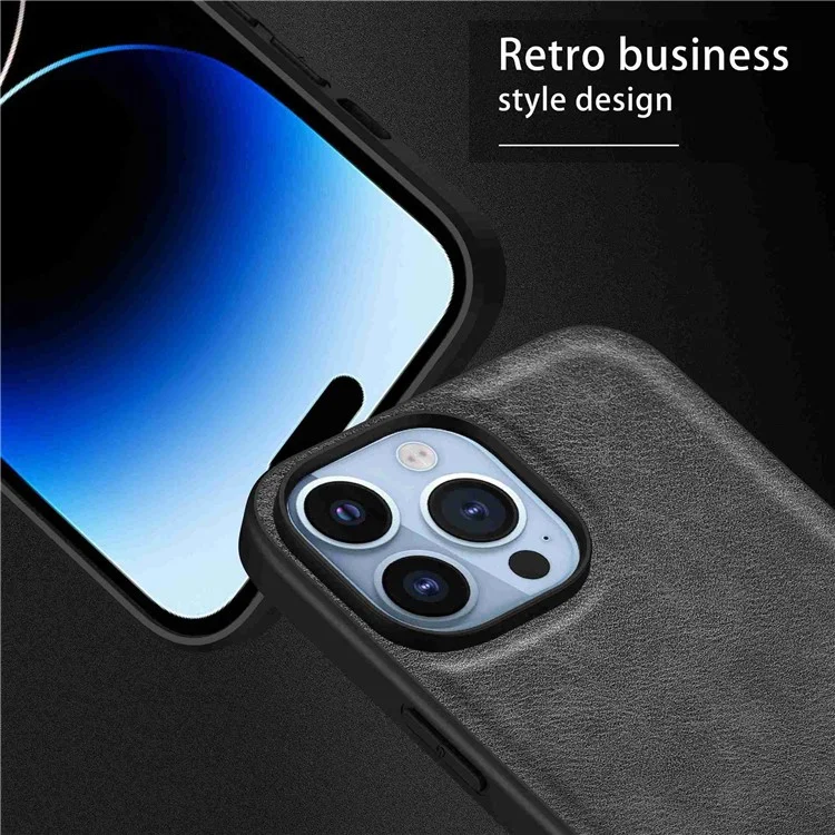 Per iPhone 14 Pro Retro PU Leather Coated TPU+PC Phone Cover Impact Resistant Back Protective Case - Black