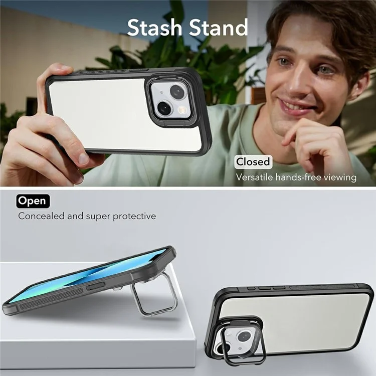 For iPhone 13 Clear Phone Case with Lens Cover Kickstand PC+TPU Back Cover - Black