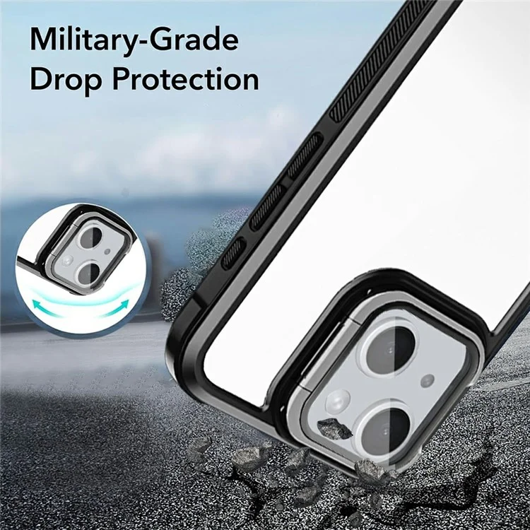For iPhone 13 Clear Phone Case with Lens Cover Kickstand PC+TPU Back Cover - Black