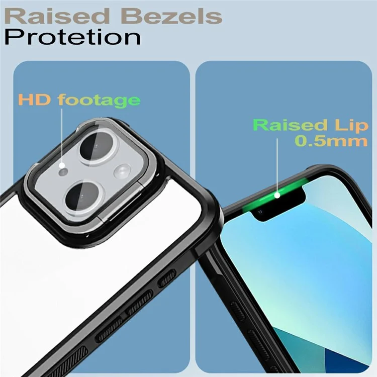 For iPhone 13 Clear Phone Case with Lens Cover Kickstand PC+TPU Back Cover - Black