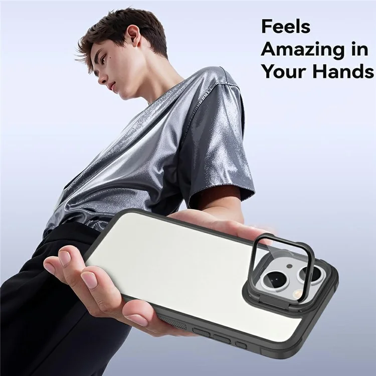 For iPhone 13 Clear Phone Case with Lens Cover Kickstand PC+TPU Back Cover - Black