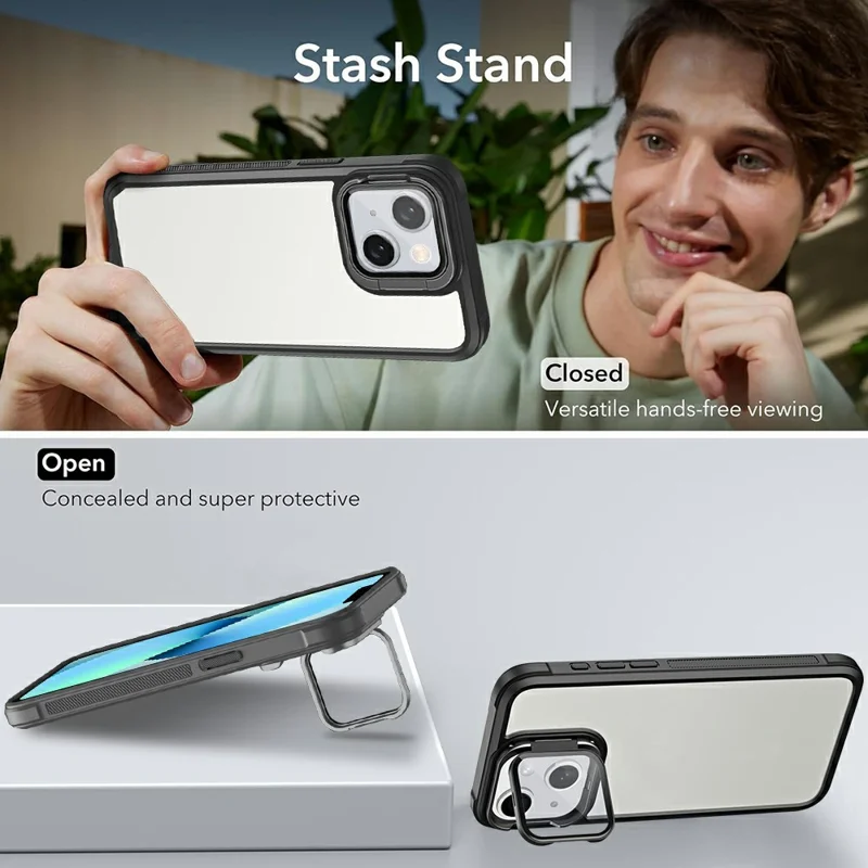 For iPhone 15 Clear Phone Case with Lens Cover Kickstand PC+TPU Back Cover - Black