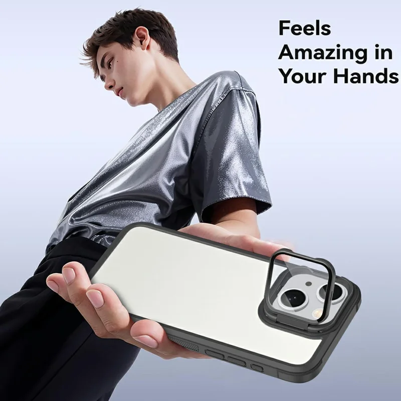 For iPhone 15 Clear Phone Case with Lens Cover Kickstand PC+TPU Back Cover - Black