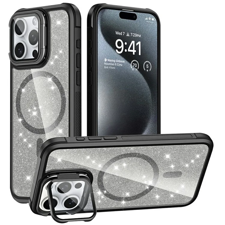 For iPhone 15 Pro Max Glitter Phone Case Compatible with MagSafe Sparkling Cover with Lens Cover Kickstand - Black