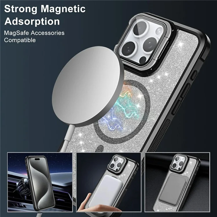 For iPhone 15 Pro Max Glitter Phone Case Compatible with MagSafe Sparkling Cover with Lens Cover Kickstand - Black