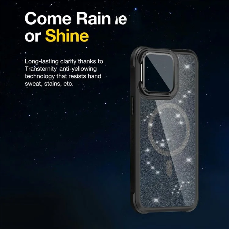 For iPhone 15 Pro Max Glitter Phone Case Compatible with MagSafe Sparkling Cover with Lens Cover Kickstand - Black
