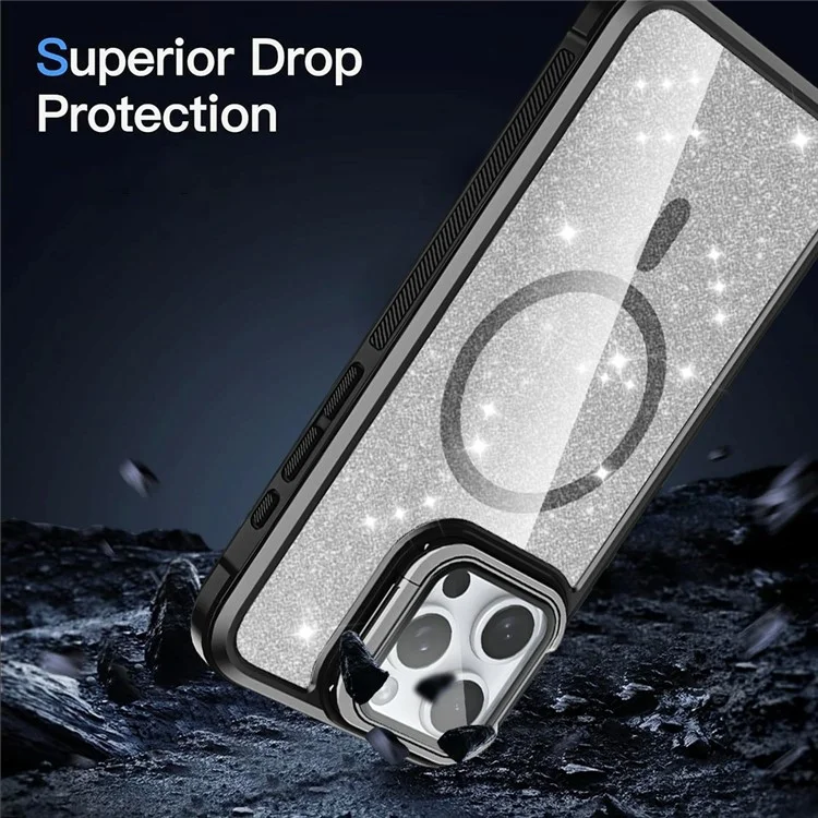 For iPhone 15 Pro Max Glitter Phone Case Compatible with MagSafe Sparkling Cover with Lens Cover Kickstand - Black