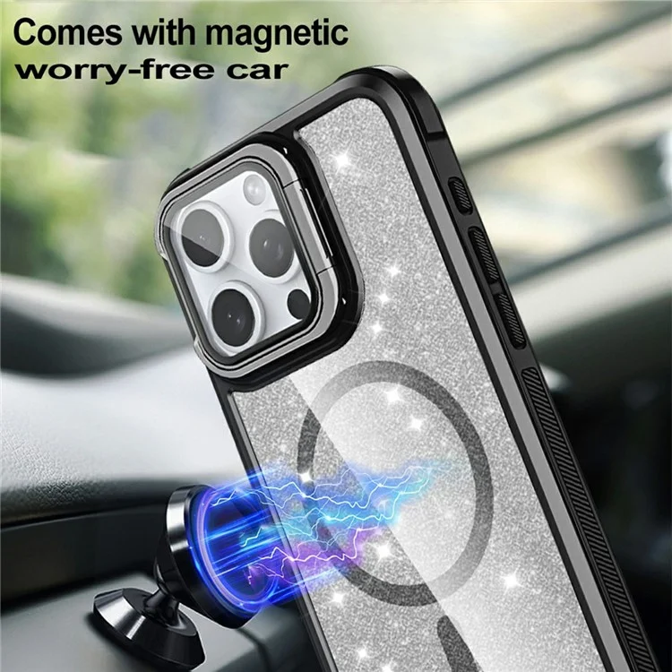 For iPhone 15 Pro Max Glitter Phone Case Compatible with MagSafe Sparkling Cover with Lens Cover Kickstand - Black