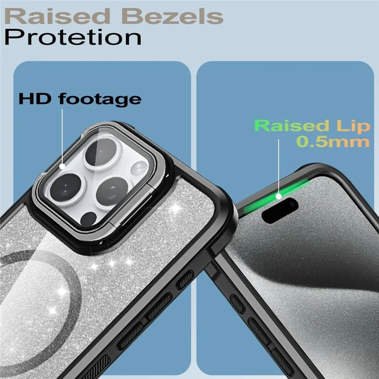For iPhone 15 Pro Max Glitter Phone Case Compatible with MagSafe Sparkling Cover with Lens Cover Kickstand - Black