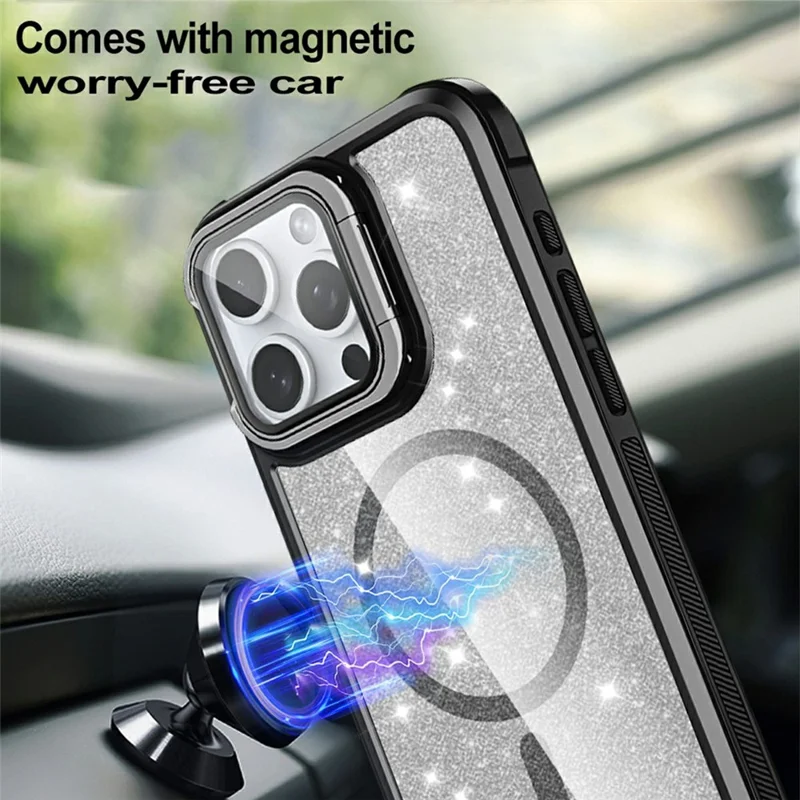 For iPhone 15 Pro Max Glitter Phone Case Compatible with MagSafe Sparkling Cover with Lens Cover Kickstand - Orange