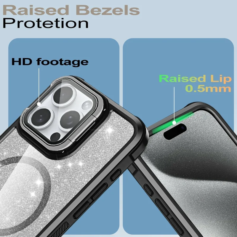 For iPhone 15 Pro Max Glitter Phone Case Compatible with MagSafe Sparkling Cover with Lens Cover Kickstand - Orange