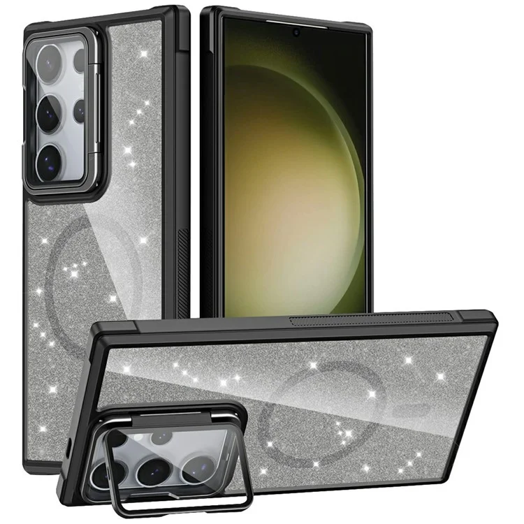 For Samsung Galaxy S23 Ultra Glitter Phone Case Compatible with MagSafe Sparkling Cover with Lens Cover Kickstand - Black