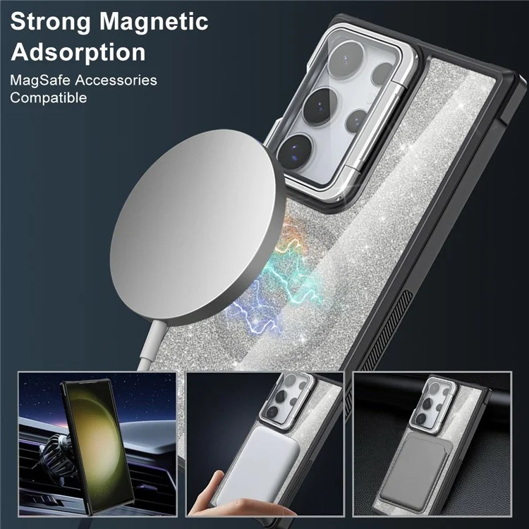 For Samsung Galaxy S23 Ultra Glitter Phone Case Compatible with MagSafe Sparkling Cover with Lens Cover Kickstand - Black