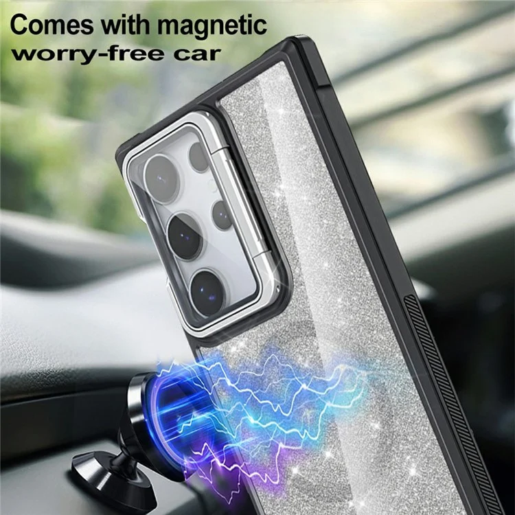 For Samsung Galaxy S23 Ultra Glitter Phone Case Compatible with MagSafe Sparkling Cover with Lens Cover Kickstand - Black