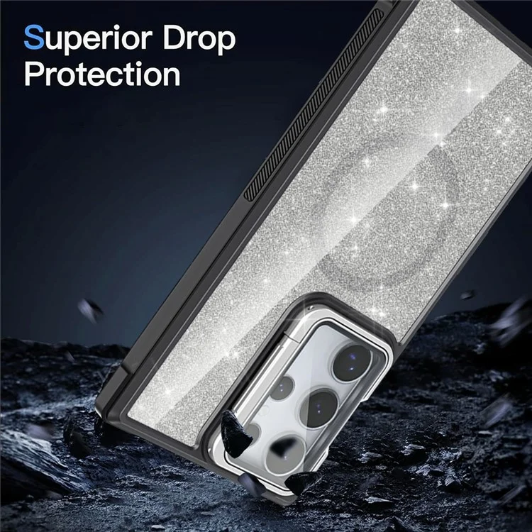 For Samsung Galaxy S23 Ultra Glitter Phone Case Compatible with MagSafe Sparkling Cover with Lens Cover Kickstand - Black