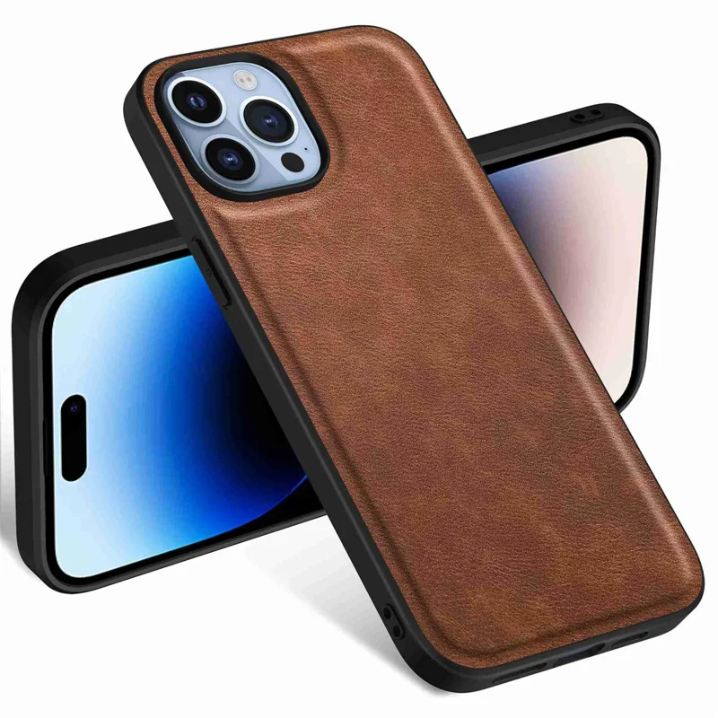 For iPhone 14 Pro Max Retro PU Leather Coated TPU+PC Phone Cover Back Protective Case - Brown