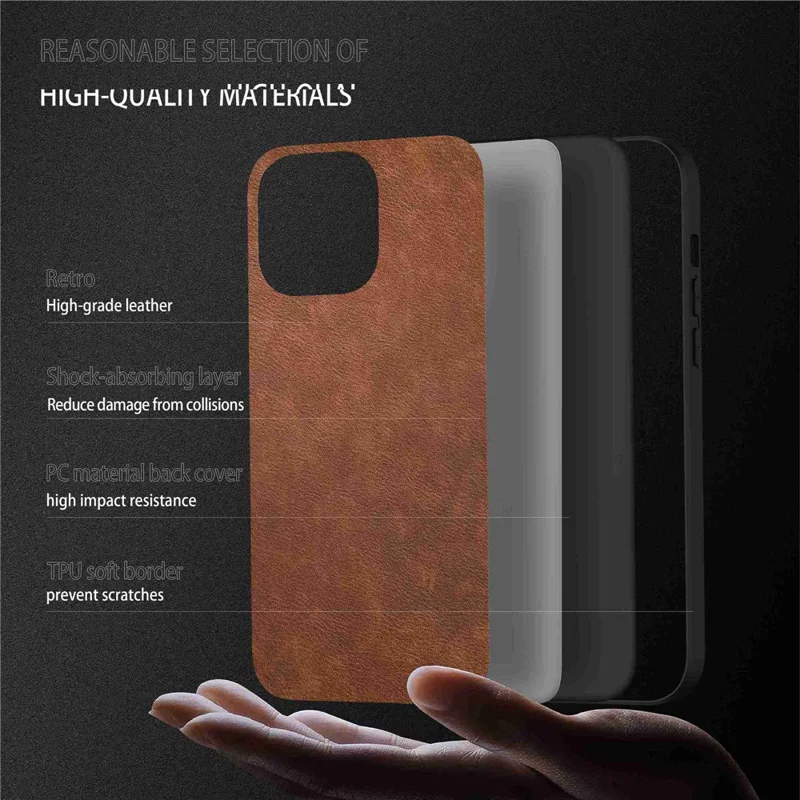 For iPhone 14 Pro Max Retro PU Leather Coated TPU+PC Phone Cover Back Protective Case - Brown
