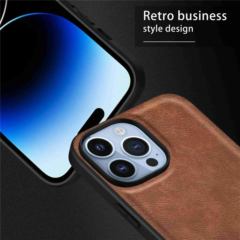 For iPhone 14 Pro Max Retro PU Leather Coated TPU+PC Phone Cover Back Protective Case - Brown
