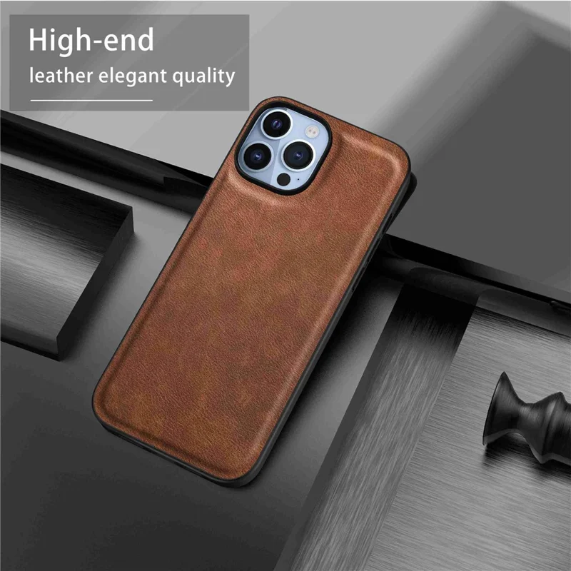 For iPhone 14 Pro Max Retro PU Leather Coated TPU+PC Phone Cover Back Protective Case - Brown