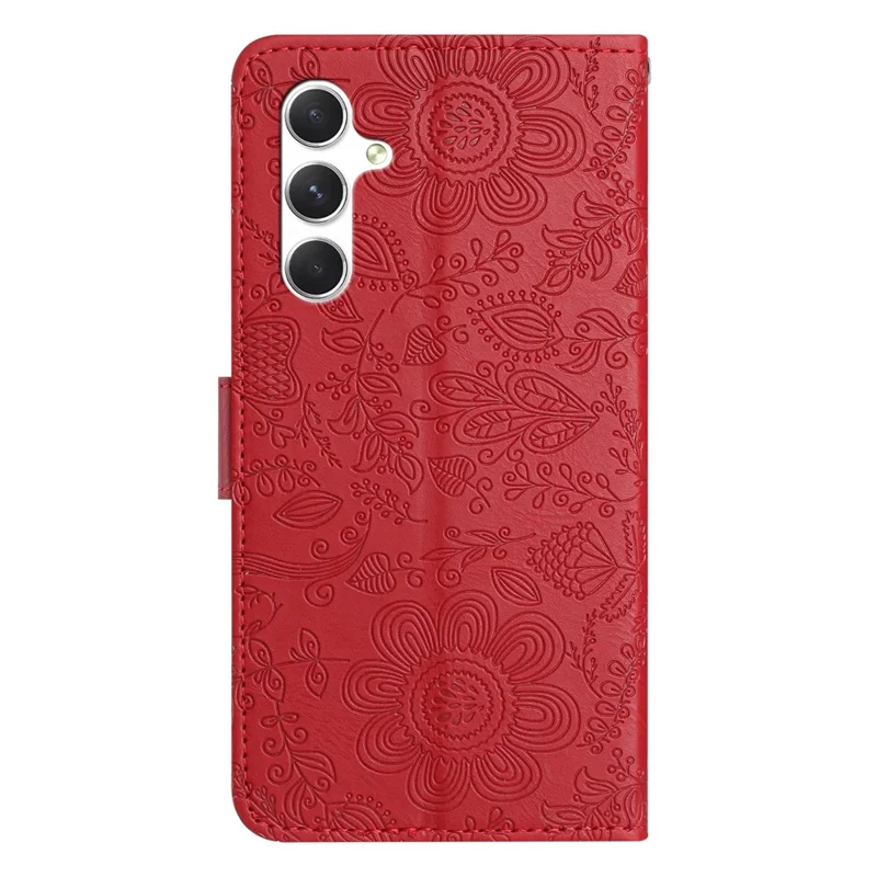 For Samsung Galaxy A16 5G / 4G Case Flower Imprint Leather Flip Wallet Phone Cover with Wrist Strap - Red