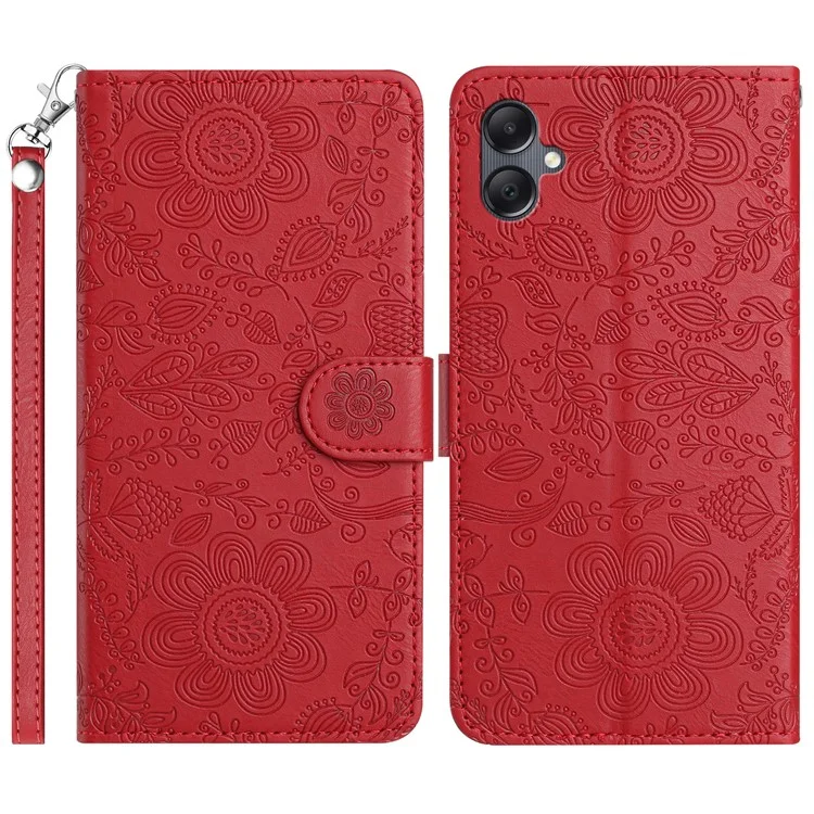 Para Capa de Telefone Samsung Galaxy A06 Estampa Floral Carteira de Couro Flip com Alça de Pulso - Vermelho