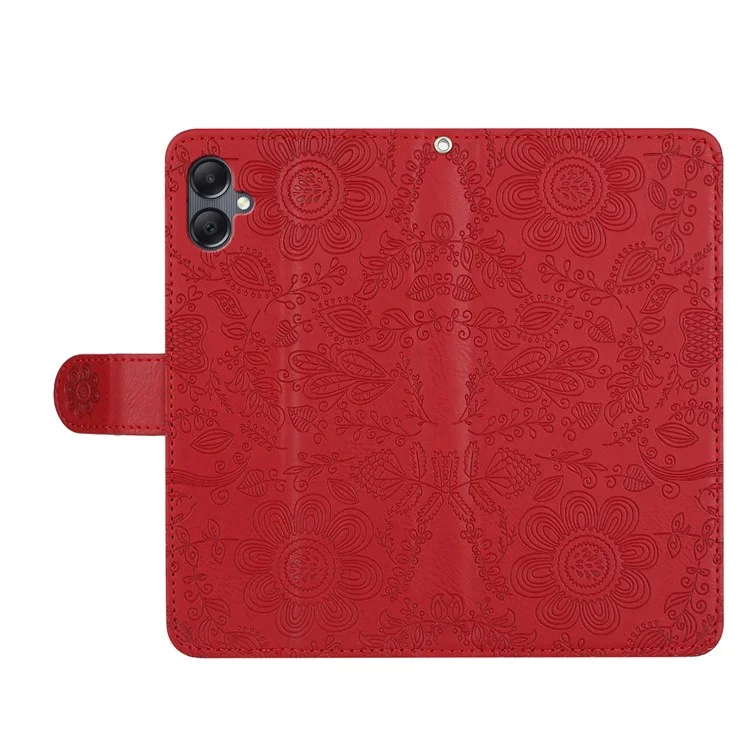 Para Capa de Telefone Samsung Galaxy A06 Estampa Floral Carteira de Couro Flip com Alça de Pulso - Vermelho