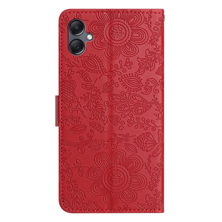 Para Capa de Telefone Samsung Galaxy A06 Estampa Floral Carteira de Couro Flip com Alça de Pulso - Vermelho