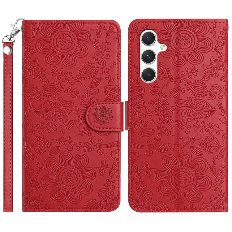 Für Samsung Galaxy S25+ Hülle Blumenmuster Leder Klapphülle mit Handschlaufe - Rot