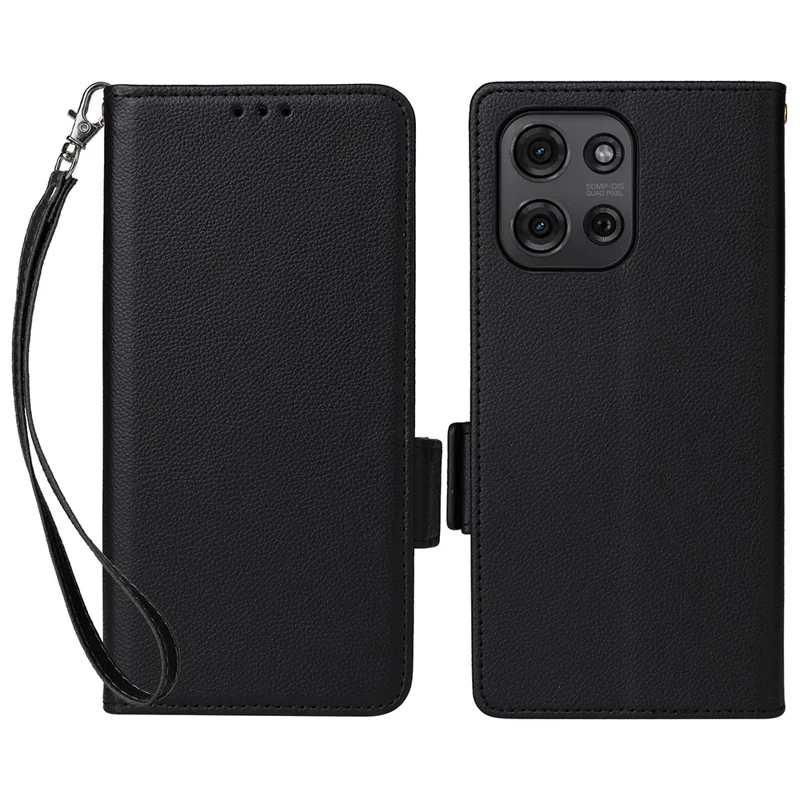 For Motorola Moto G75 5G Case with Wrist Strap Litchi Texture PU Leather Wallet Phone Cover - Black