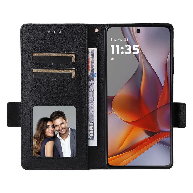 For Motorola Moto G75 5G Case with Wrist Strap Litchi Texture PU Leather Wallet Phone Cover - Black