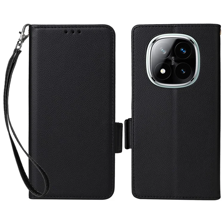 For Xiaomi Note 14 Pro+ 5G / Note 14 Pro 5G / Poco X7 5G Case with Wrist Strap Litchi Texture PU Leather Wallet Phone Cover - Black