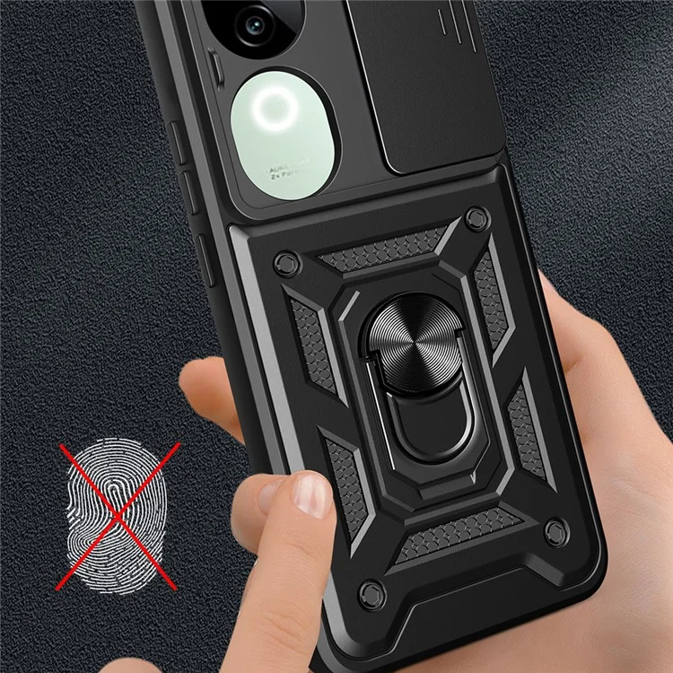For vivo iQOO Z9s 5G Case with Slide Camera Lid PC+TPU Kickstand Phone Cover - Black
