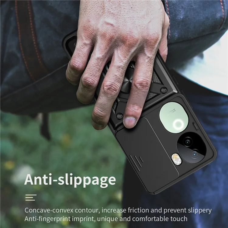 For vivo iQOO Z9s 5G Case with Slide Camera Lid PC+TPU Kickstand Phone Cover - Black