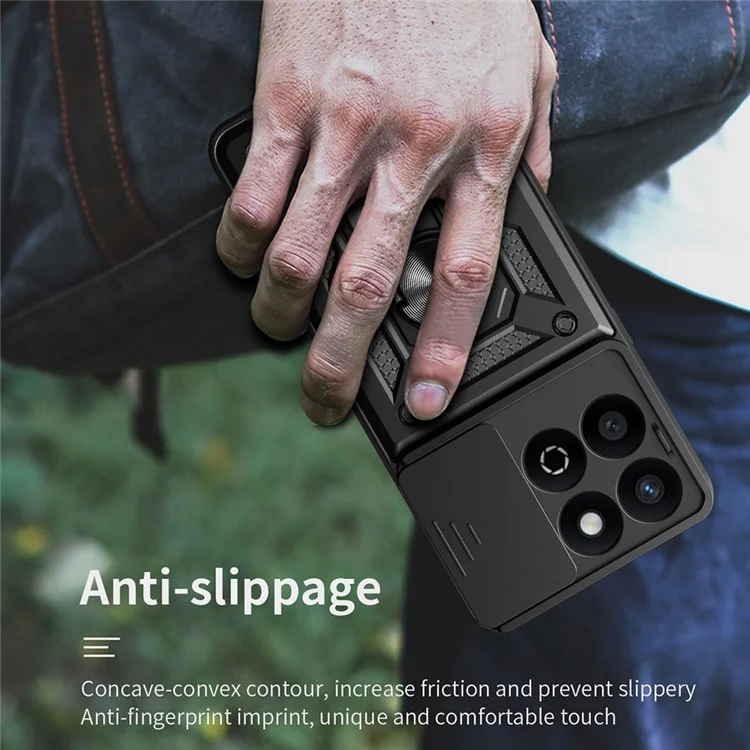 Funda para teléfono Honor X7c 4G / 200 Smart 5G con tapa deslizante para cámara, PC+TPU y soporte - Negro
