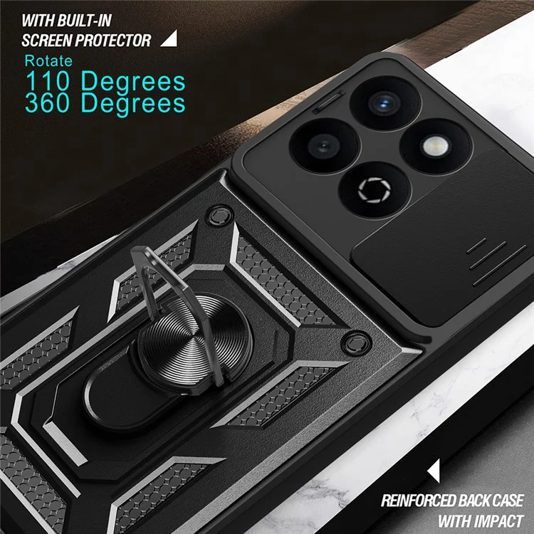 Funda para teléfono Honor X7c 4G / 200 Smart 5G con tapa deslizante para cámara, PC+TPU y soporte - Negro