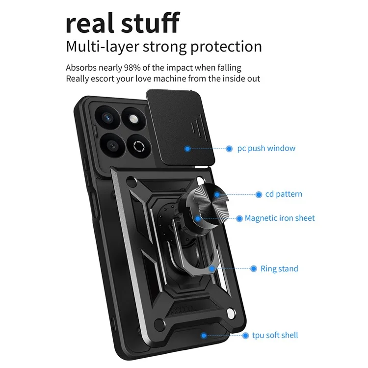 Funda para teléfono Honor X7c 4G / 200 Smart 5G con tapa deslizante para cámara, PC+TPU y soporte - Negro