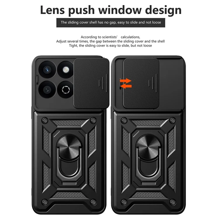 Funda para teléfono Honor X7c 4G / 200 Smart 5G con tapa deslizante para cámara, PC+TPU y soporte - Negro