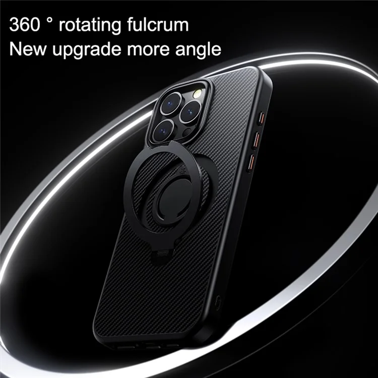 For iPhone 16 Pro Max Case Compatible with MagSafe Kickstand Carbon Fiber Texture PC+TPU Phone Cover with Silicone Ring - Black