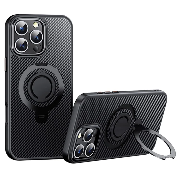 For iPhone 16 Pro Case Compatible with MagSafe Kickstand Carbon Fiber Texture PC+TPU Phone Cover with Silicone Ring - Black