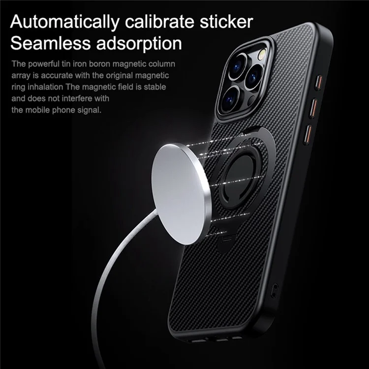 For iPhone 16 Pro Case Compatible with MagSafe Kickstand Carbon Fiber Texture PC+TPU Phone Cover with Silicone Ring - Black